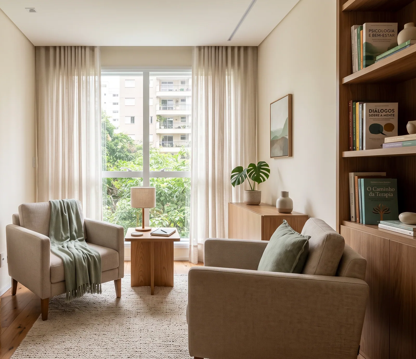 Sala de atendimento com poltronas claras, estante com livros e luz natural
