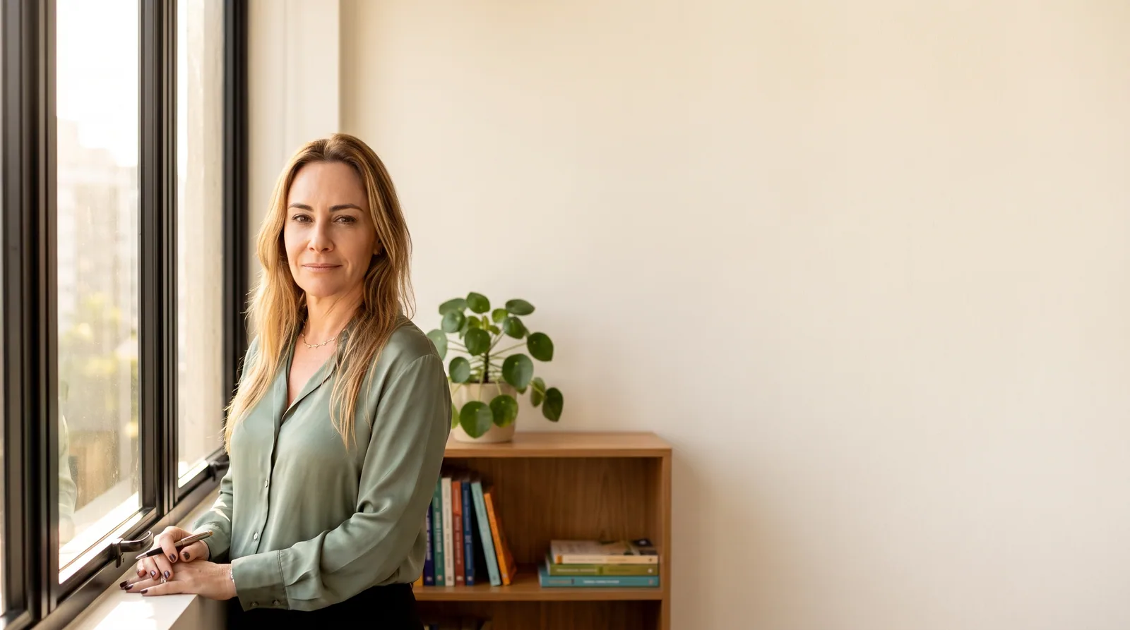 Liskelly Mendes próxima a uma janela com luz natural, em seu consultório